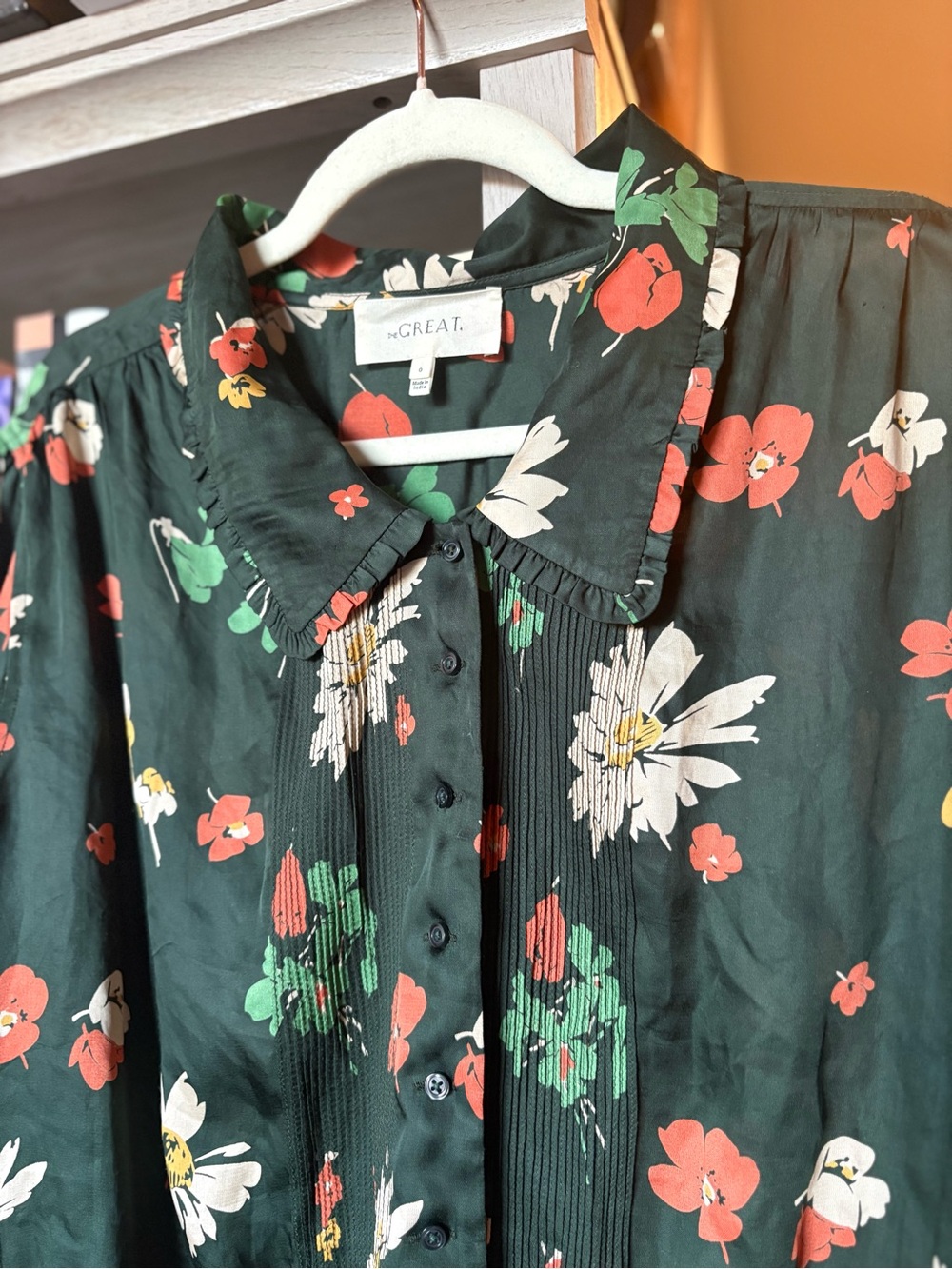 The GREAT. Green Pintuck Collar Floral Pintuck Button-Up Blouse